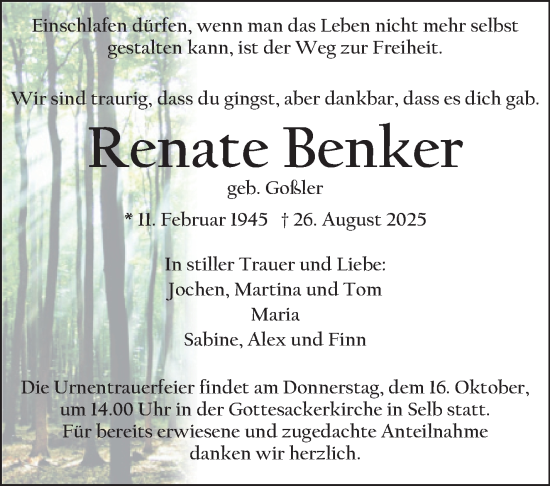 Traueranzeige von Renate Benker von Frankenpost
