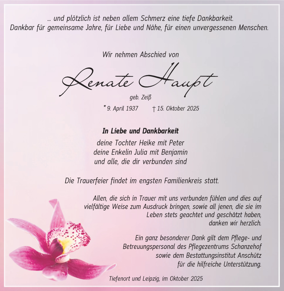  Traueranzeige für Renate Haupt vom 25.10.2025 aus Südthüringer Presse
