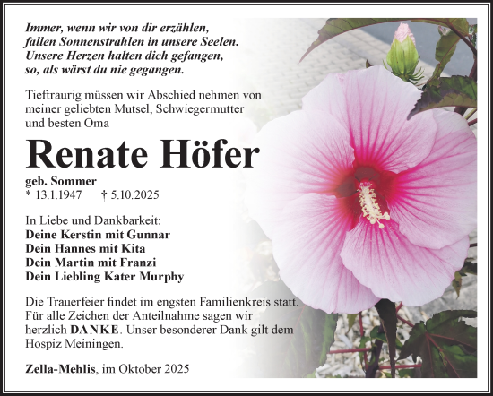 Traueranzeige von Renate Höfer von Südthüringer Presse