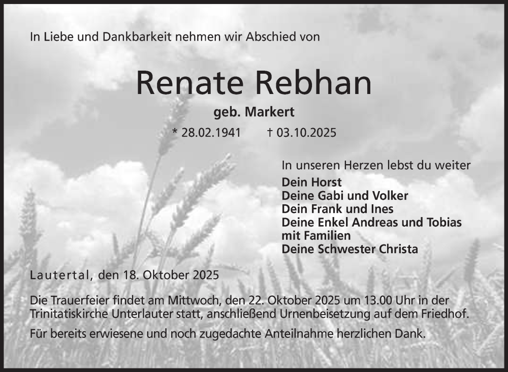  Traueranzeige für Renate Rebhan vom 18.10.2025 aus Neue Presse Coburg