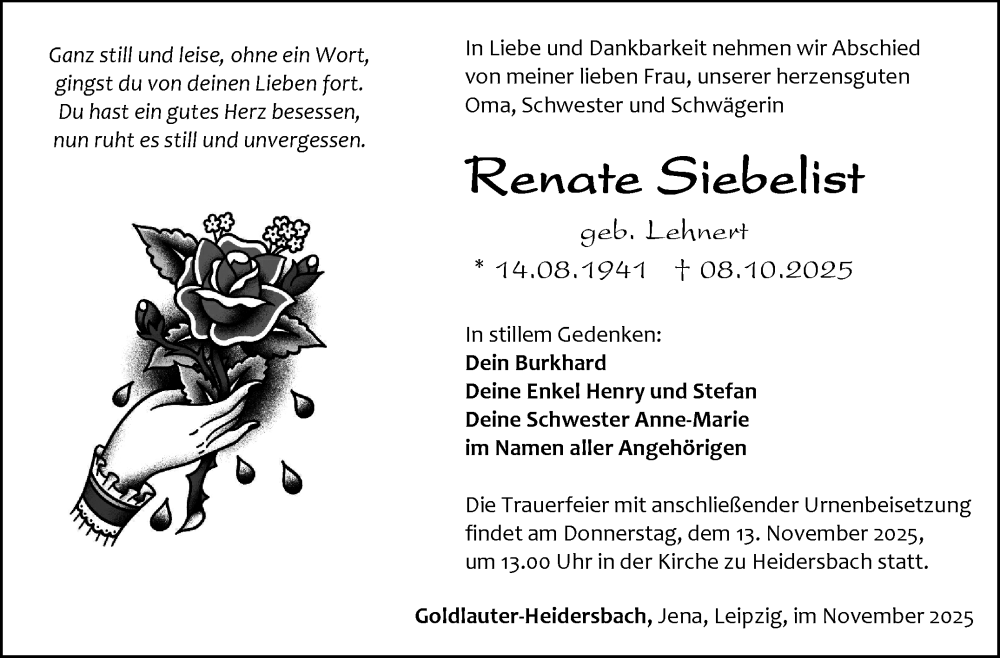  Traueranzeige für Renate Siebelist vom 01.11.2025 aus Südthüringer Presse