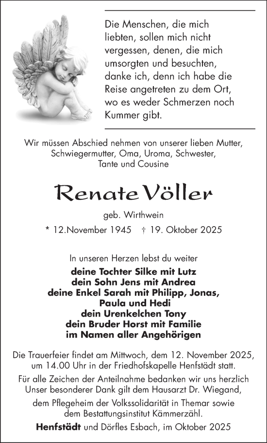 Traueranzeige von Renate Völler von Südthüringer Presse