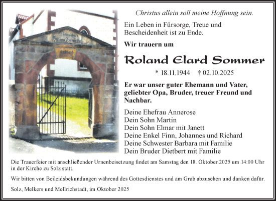 Traueranzeige von Roland Sommer von Südthüringer Presse