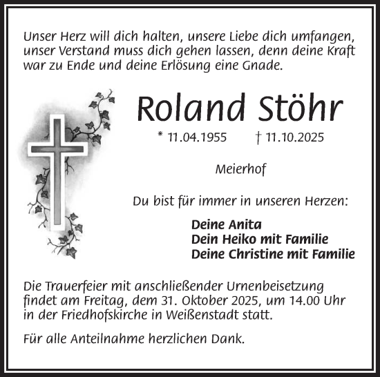 Traueranzeige von Roland Stöhr von Frankenpost