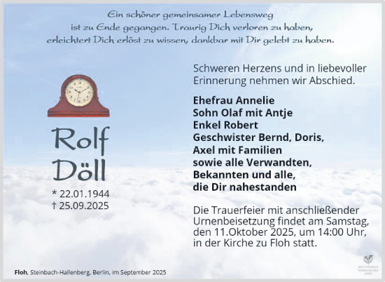 Traueranzeige von Rolf Döll von Südthüringer Presse