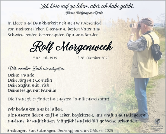 Traueranzeige von Rolf Morgenweck von Südthüringer Presse