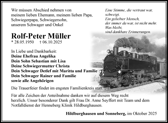 Traueranzeige von Rolf-Pter Müller von Südthüringer Presse