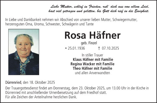 Traueranzeige von Rosa Häfner von Neue Presse Coburg