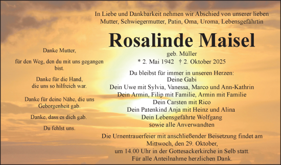 Traueranzeige von Rosalinde Maisel von Frankenpost