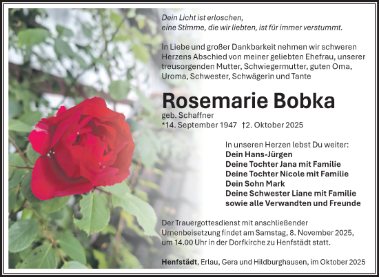Traueranzeige von Rosemarie Bobka von Südthüringer Presse