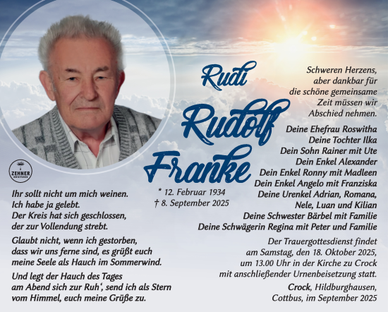 Traueranzeige von Rudolf Franke von Südthüringer Presse