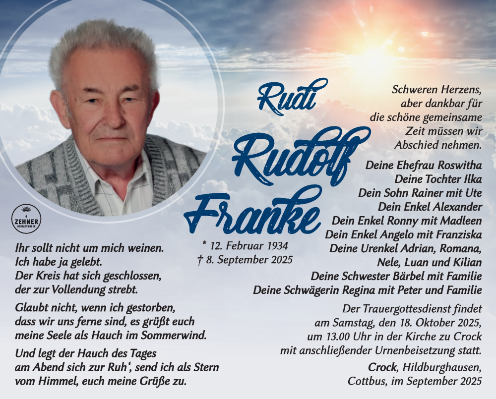  Traueranzeige für Rudolf Franke vom 11.10.2025 aus Südthüringer Presse