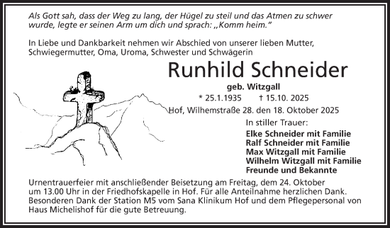 Traueranzeige von Runhild Schneider von Frankenpost