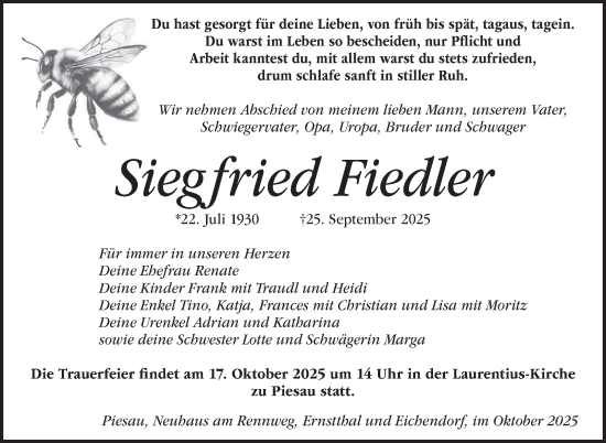 Traueranzeige von Siegfried Fiedler von Südthüringer Presse