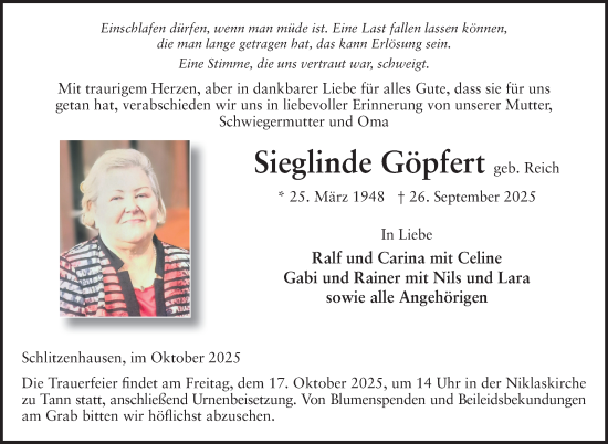 Traueranzeige von Sieglinde Göpfert von Südthüringer Presse