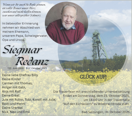 Traueranzeige von Siegmar Redanz von Südthüringer Presse