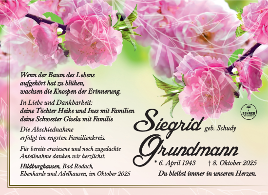 Traueranzeige von Siegrid Grundmann von Südthüringer Presse