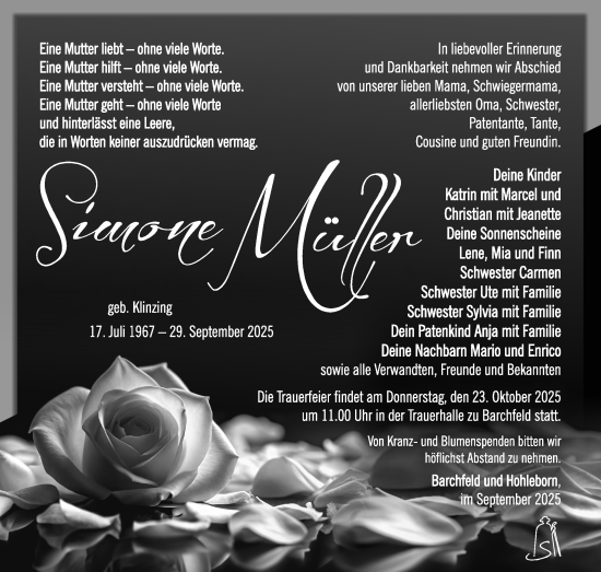 Traueranzeige von Simone Müller von Südthüringer Presse