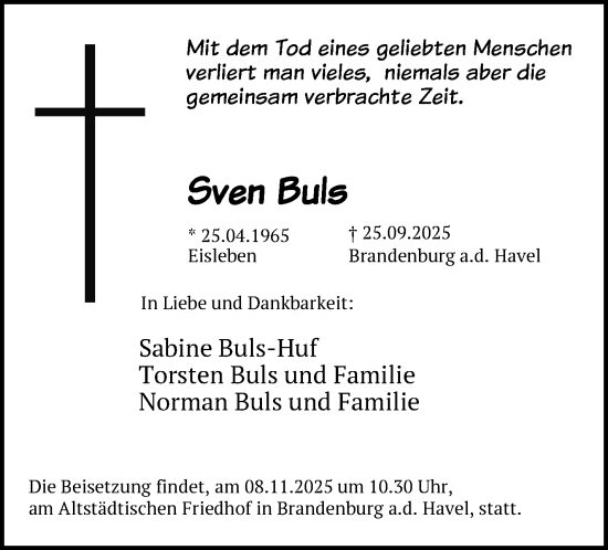 Traueranzeige von Sven Buls von Südthüringer Presse