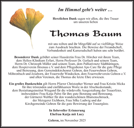 Traueranzeige von Thomas Baum von Südthüringer Presse