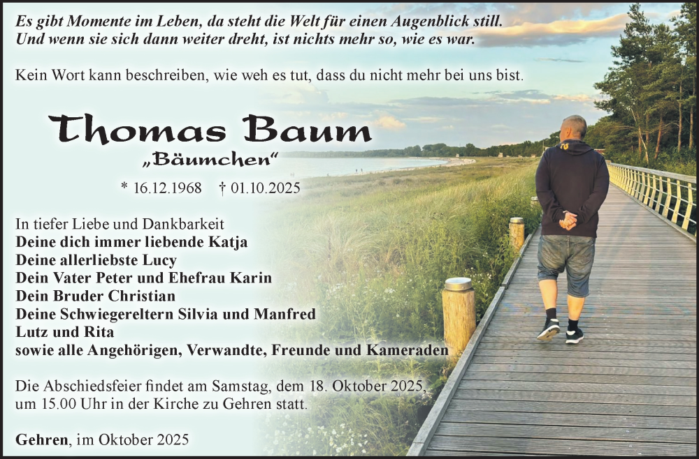  Traueranzeige für Thomas Baum vom 11.10.2025 aus Südthüringer Presse