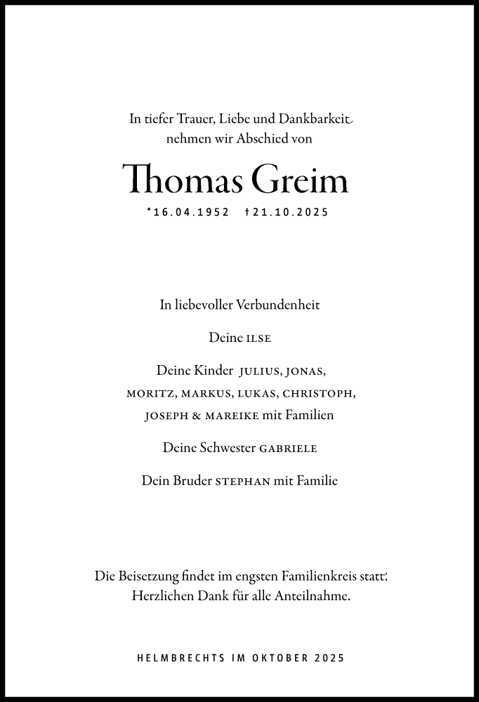  Traueranzeige für Thomas Greim vom 31.10.2025 aus Frankenpost