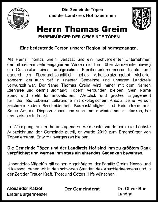 Traueranzeige von Thomas Greim von Frankenpost