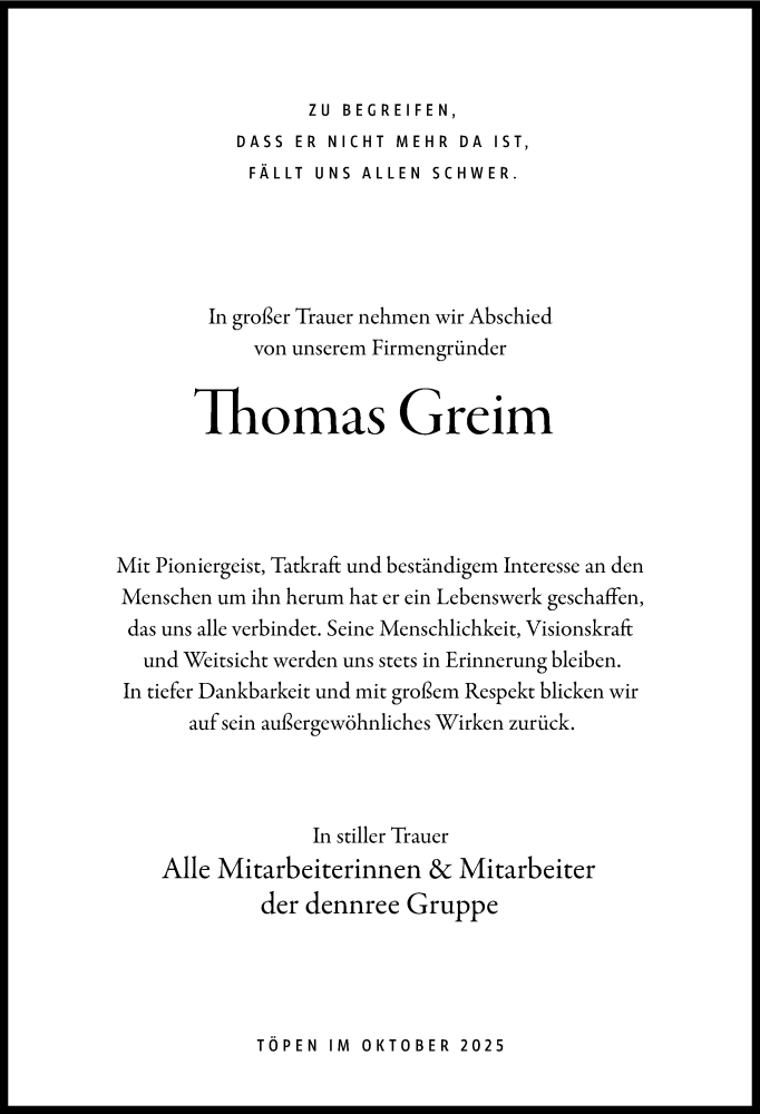  Traueranzeige für Thomas Greim vom 31.10.2025 aus Frankenpost