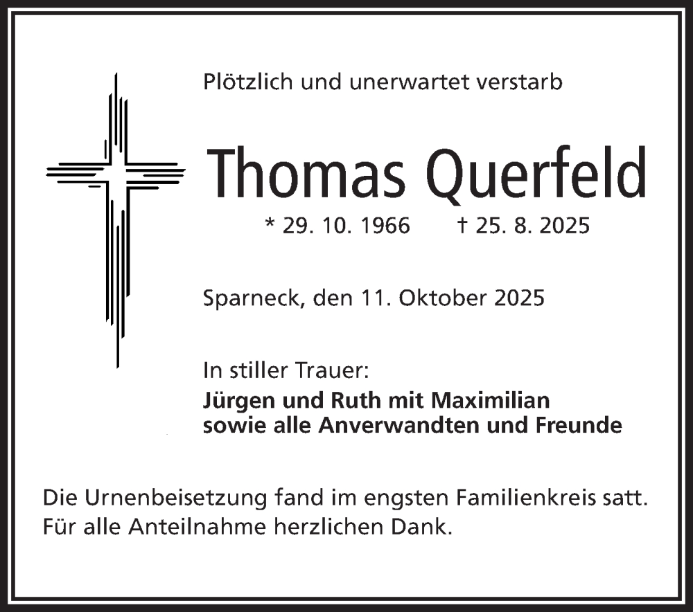  Traueranzeige für Thomas Querfeld vom 11.10.2025 aus Frankenpost