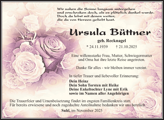 Traueranzeige von Ursula Büttner von Südthüringer Presse