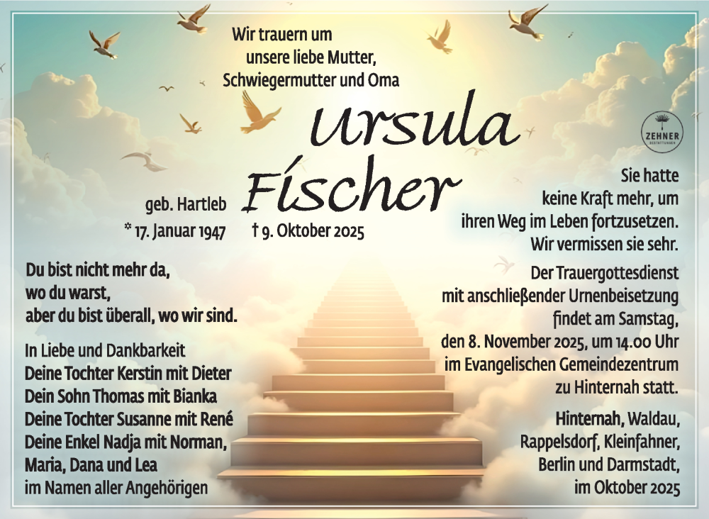  Traueranzeige für Ursula Fischer vom 25.10.2025 aus Südthüringer Presse