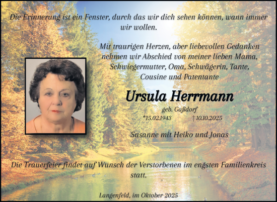 Traueranzeige von Ursula Herrmann von Südthüringer Presse