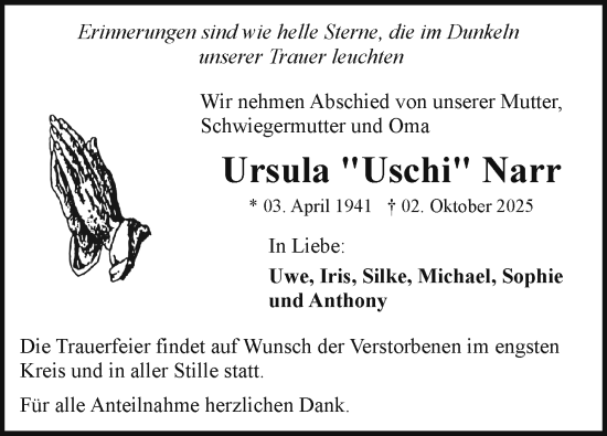Traueranzeige von Ursula Narr von Frankenpost