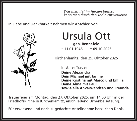 Traueranzeige von Ursula Ott von Frankenpost