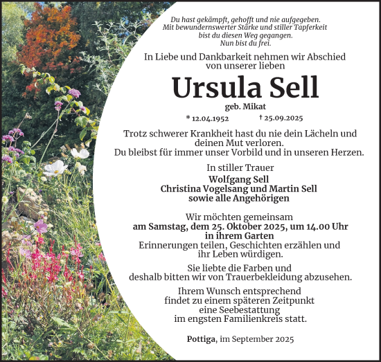 Traueranzeige von Ursula Sell von Frankenpost