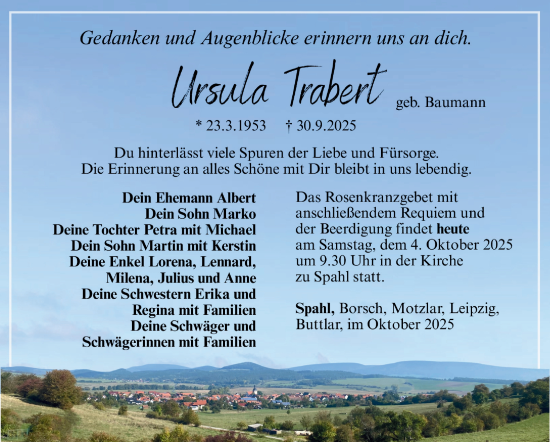 Traueranzeige von Ursula Trabert von Südthüringer Presse
