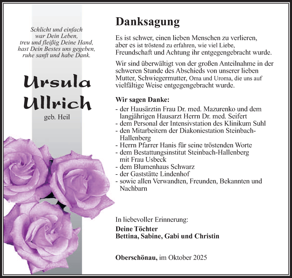  Traueranzeige für Ursula Ullrich vom 11.10.2025 aus Südthüringer Presse