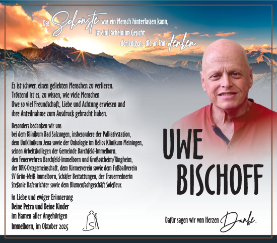 Traueranzeige von Uwe Bischoff von Südthüringer Presse