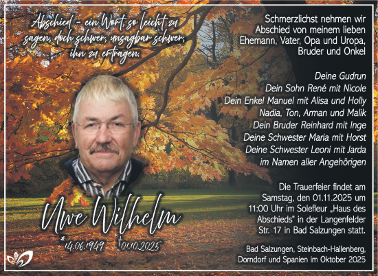 Traueranzeige von Uwe Wilhelm von Südthüringer Presse