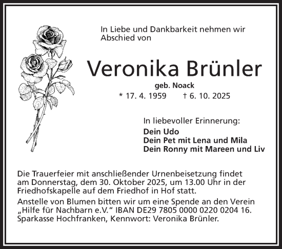 Traueranzeige von Veronika Brünler von Frankenpost