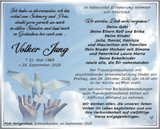 Traueranzeige von Volker Jung von Südthüringer Presse