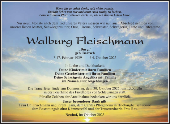 Traueranzeige von Walburg Fleischmann von Südthüringer Presse