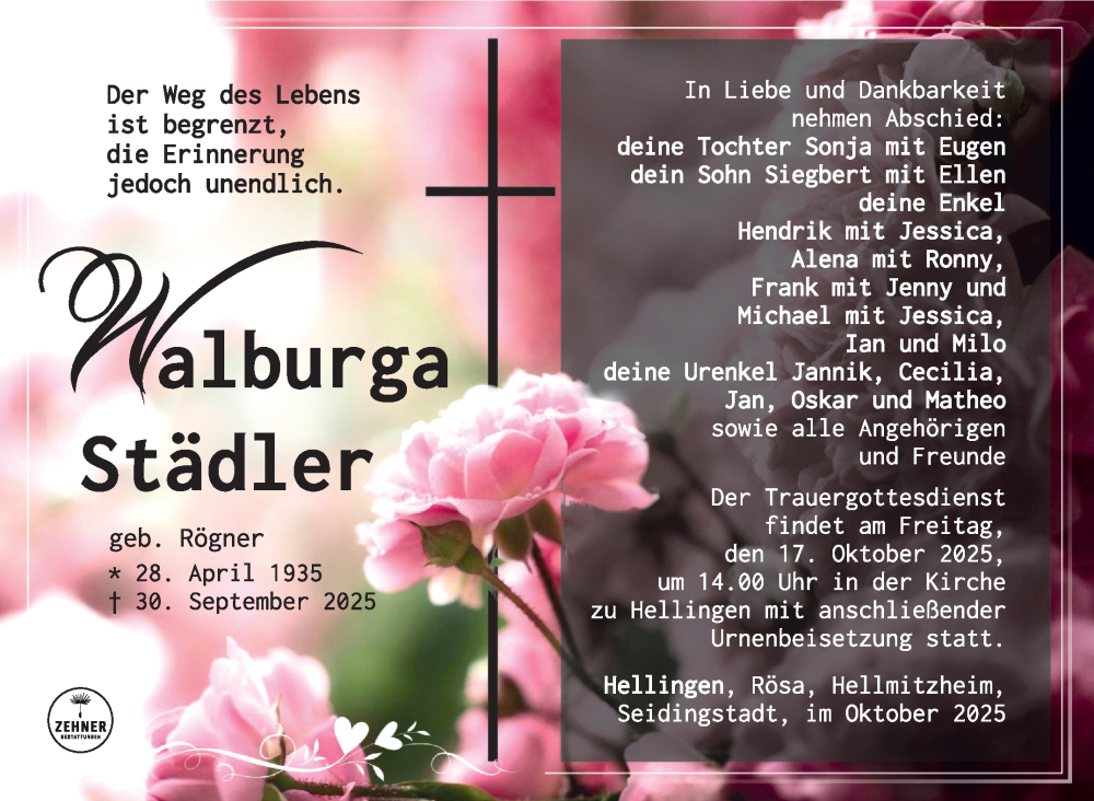  Traueranzeige für Walburga Städler vom 11.10.2025 aus Südthüringer Presse