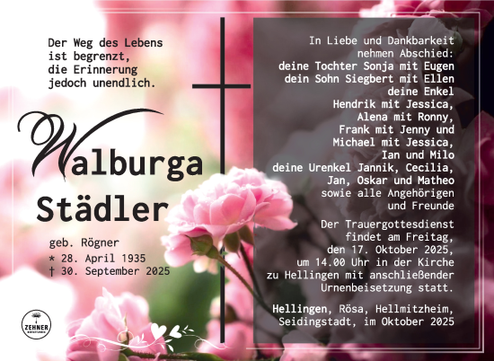 Traueranzeige von Walburga Städler von Südthüringer Presse