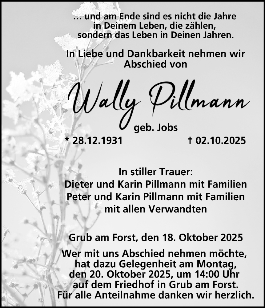  Traueranzeige für Wally Pillmann vom 18.10.2025 aus Neue Presse Coburg