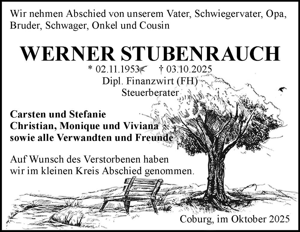 Traueranzeige für Werner Stubenrauch vom 11.10.2025 aus Neue Presse Coburg