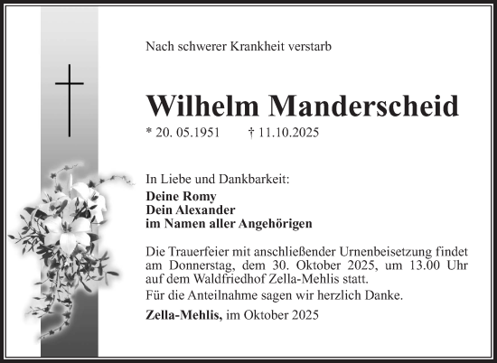 Traueranzeige von Wilhelm Manderscheid von Südthüringer Presse