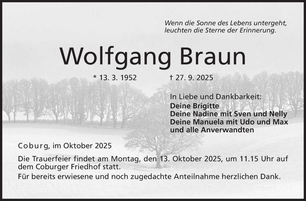  Traueranzeige für Wolfgang Braun vom 04.10.2025 aus Neue Presse Coburg