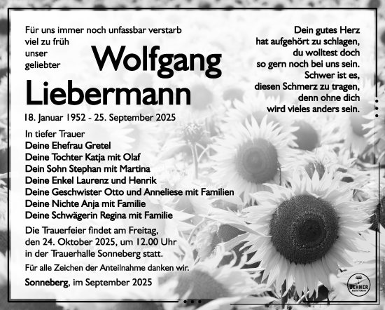 Traueranzeige von Wolfgang Liebermann von Südthüringer Presse