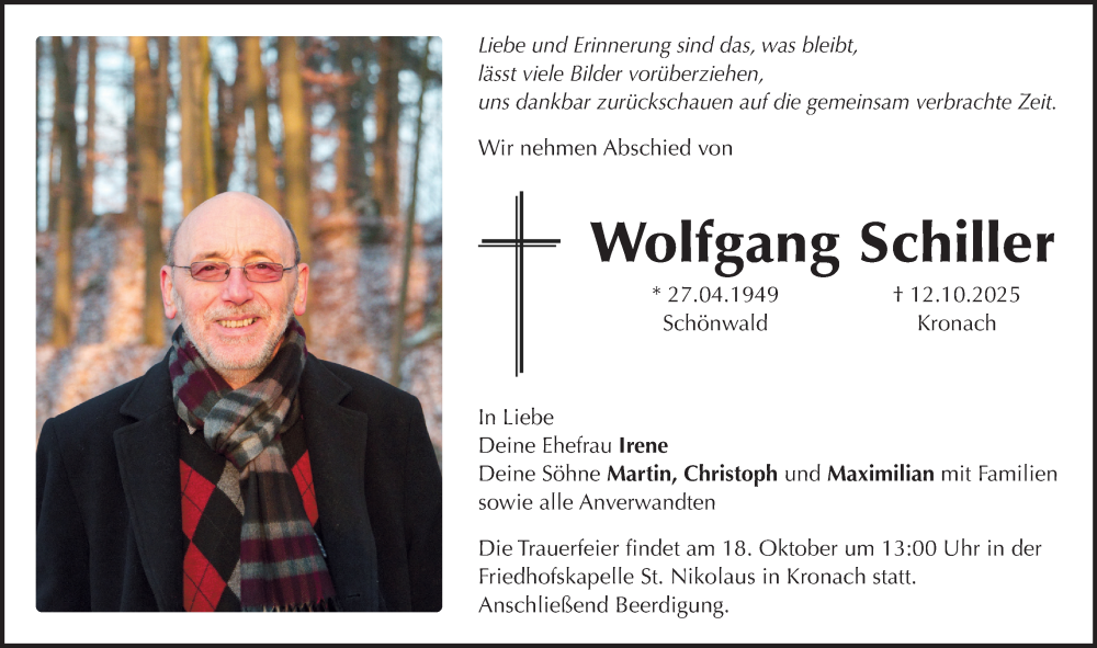  Traueranzeige für Wolfgang Schiller vom 16.10.2025 aus Neue Presse Coburg